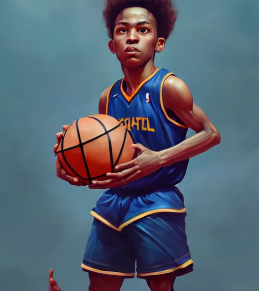 Prompt: portrait of a boy holding a basketball playing basketball wearing a basketball uniform in a basketball court, intense emotion, intricate, elegant, highly detailed, centered, digital painting, artstation, concept art, smooth, sharp focus, illustration, by Peter Mohrbacher, WLOP