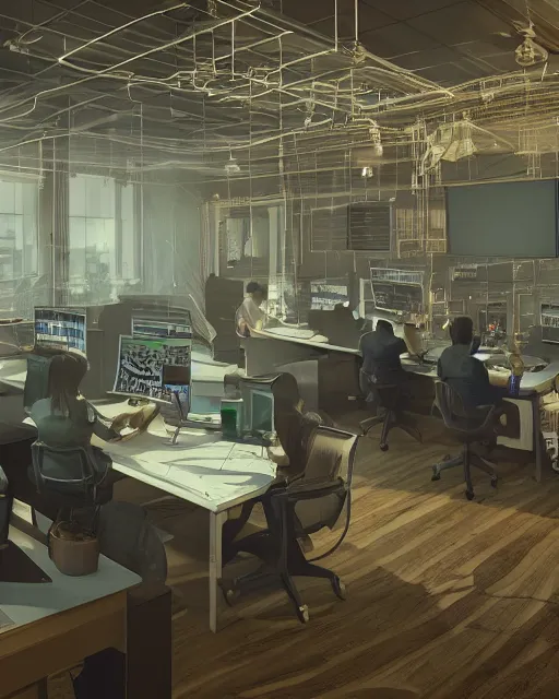 Prompt: call center in the style of the tv show, hyper realistic, ambient lighting, concept art, intricate, hyper detailed, smooth, volumetric lighting, octane