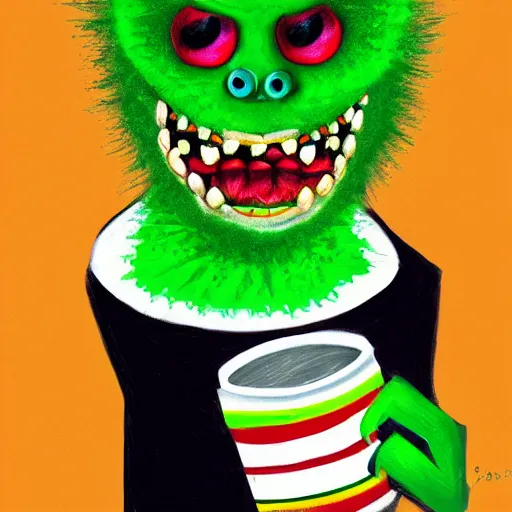 Prompt: portrait of a tennis ball monster holding a coffee, colorful, digital art, fantasy, magic, chalk, trending on artstation, ultra detailed, professional illustration by basil gogos