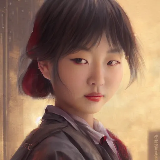 Prompt: a perfect, realistic professional oil painting in rococo style, of a Japanese schoolgirl posing in a dystopian alleyway, close-up, by a professional American senior artist on ArtStation, a high-quality hollywood-style concept