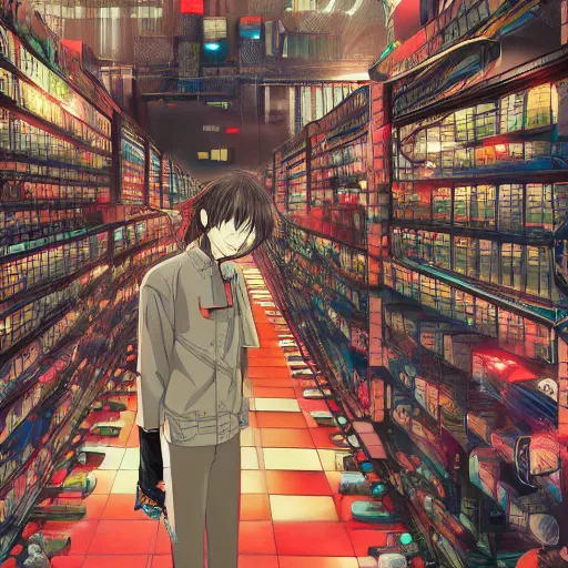 Image similar to Just living in the database as the madness of the system grows by Gigadō Ashiyuki, anime rendered in hyperdetailed Ultra HD, trending on ArtStation, luminous,