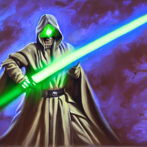Prompt: a painting of an army of jedi, cloaked, hooded, green and blue lightsabers, corusant