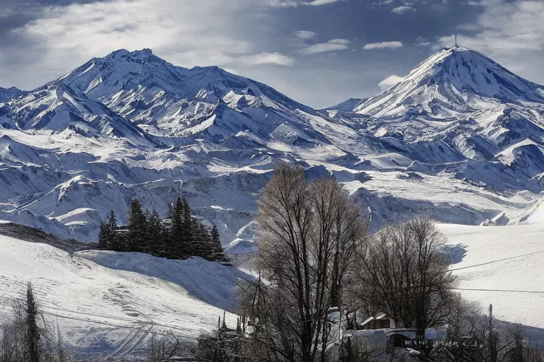 Image similar to cottege settlement with lots of trees on the foot of the Elbrus mountain mountain covered by snow, architecture, matte painting, high details, ecofuturism,