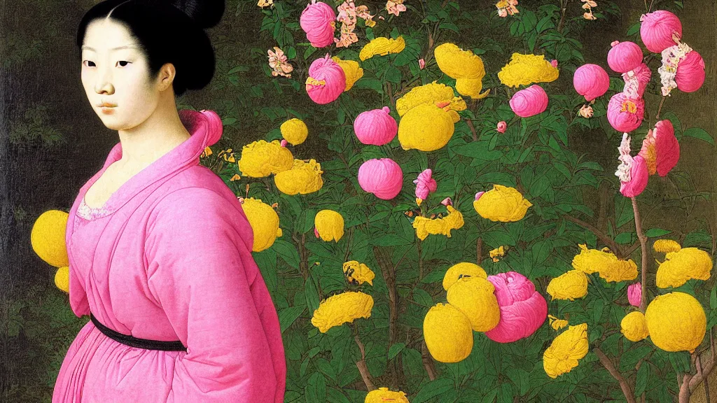 Image similar to portrait of a young Asian woman with neon pink hair buns, wearing a yellow t-shirt, standing in a garden full of black flowers, intricate details, high detail, in a renaissance style, super-flat, in the style of Jean Auguste Dominique Ingres, James Jean, punk
