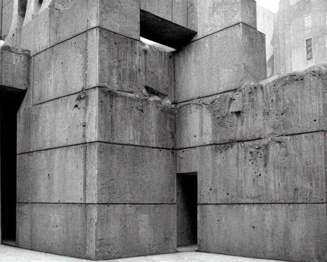 Image similar to by francis bacon, escher, mystical photography evocative. an fractal concrete brutalist carved sculpture, standing in a city center.