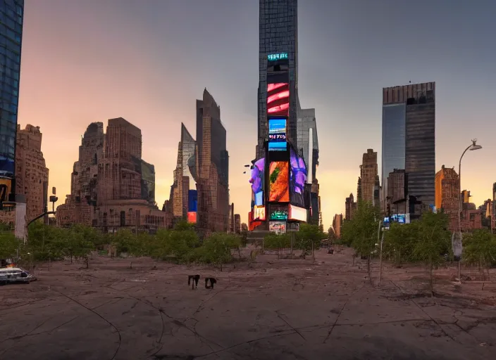 Prompt: film still of post apocalyptic empty time square at sunset, overgrown with wildlife walking through in the new sci - fi movie, 8 k