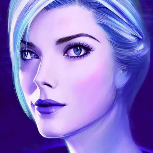 Image similar to A combination of Grace Kelly's and Katheryn Winnick's and Ashley Greene's faces with blue skin and short violet hair as Cortana from Halo, cyberpunk style, synthwave aesthetic, fantasy, intricate, elegant, highly detailed, digital painting, artstation, concept art, matte, sharp focus, illustration, half body portrait, anime style, art by Artgerm and Greg Rutkowski and Alphonse Mucha