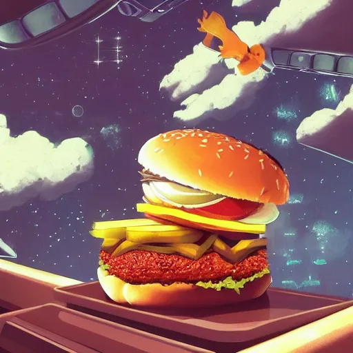 Image similar to a humanoid chicken!!!!! eating a burger while floating inside of a space station, golden ratio!!!!!, centered!!!!!, artstation, cgsociety contest winner, 4 k quality, digital art, anime style, studio ghibli!!!!!