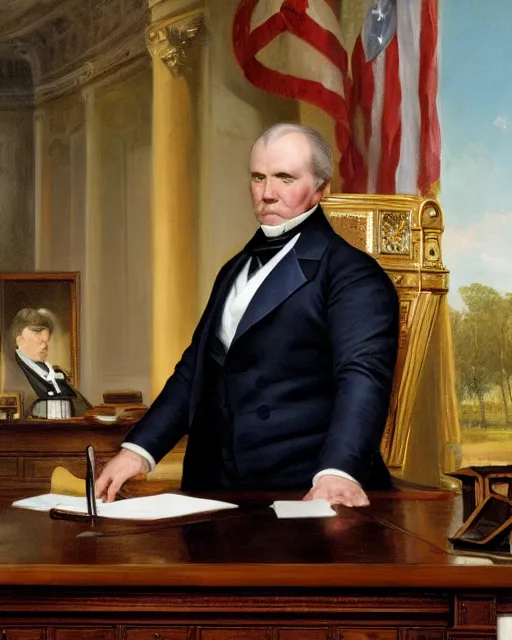 Image similar to close - up portrait of the united states president, thanos, standing at the resolute desk, 1 8 4 8, attractive, oil on canvas by william sidney mount, trending on artstation, national archives