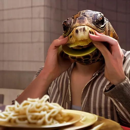 Image similar to an old tortoise eating noodles in a post apocliptic in cyberpunk world 8 k