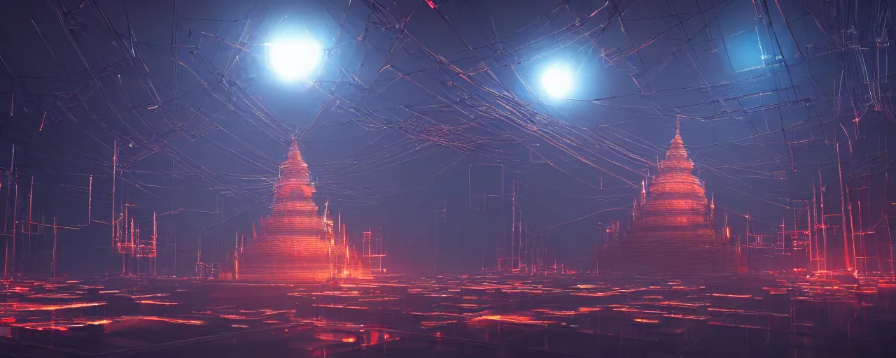 Image similar to an cybernetic temple made of tv screens, wires, glowing computer hardware, buddhist temple, octane render, unreal engine, 8 k, cinematic, artwork by ilya kuvshinov