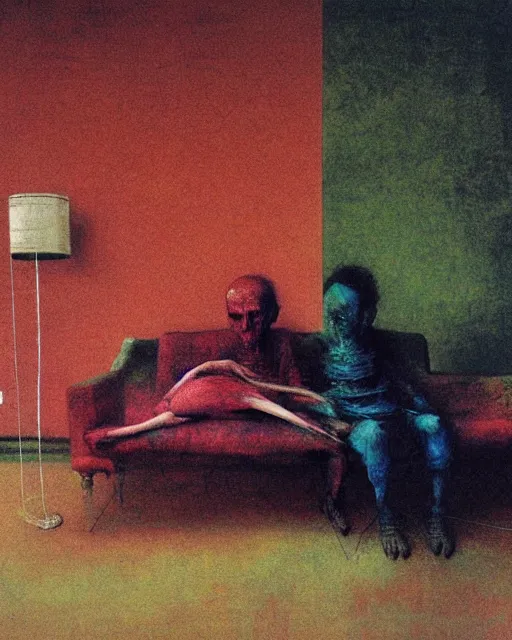Prompt: early color photo of an old dead couple sitting on a couch in an old soviet apartment, Beksinski painting, part by Adrian Ghenie and Gerhard Richter. art by Takato Yamamoto, Francis Bacon masterpiece