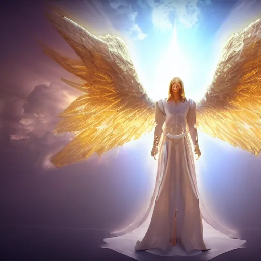 Image similar to Angel in white linen, golden armor, glowing sword in hand, translucent wings, concept character, beautiful, stunning, gold mist, radiating power, energy, god rays, luminescence, fractal, photography, unreal engine, 8k