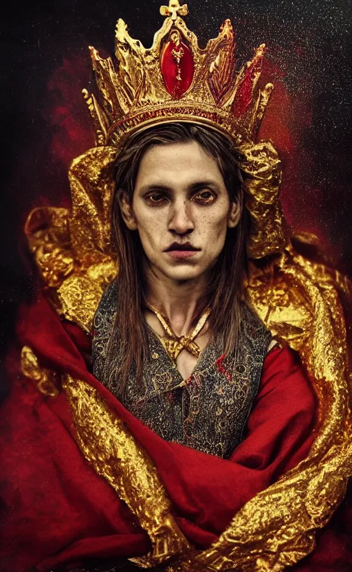 Image similar to 'Portrait of Crowned King Arthur' by Lee Jeffries royally decorated, whirling plasma, atmospheric motes, red and gold Sumptuous garb, gilt silk fabric, radiant colors, fantasy, perfect lighting, studio lit, micro details,