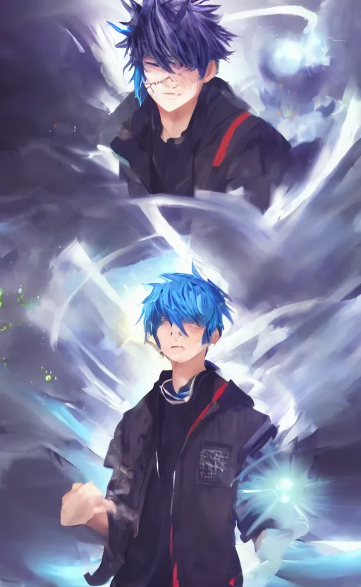 Prompt: anime boy with messy blue hair wearing black long jacket holding an energy ball, WLOP, concept art, digital painting, trending on artstation, highly detailed, epic composition, 8k UHD