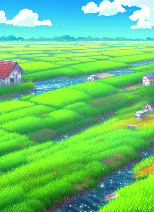 Image similar to a colourful ultradetailed anime illustration of a rainy fields and villages, river, sky, summer, by ghibli, makoto shinkai, bright and transparent animation style, anime art wallpaper 4 k, trending on artstation