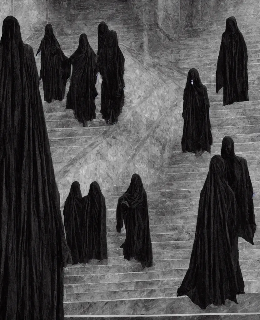 Prompt: several ritualistic figures shrouded in a long trailing dark black opaque gown, exiting a large conference room and descending in tandem down a giant marble staircase, photorealism, hyperrealism, harsh lighting, dramatic lighting, medium shot, serious, gloomy, foreboding, cinematic, creepy