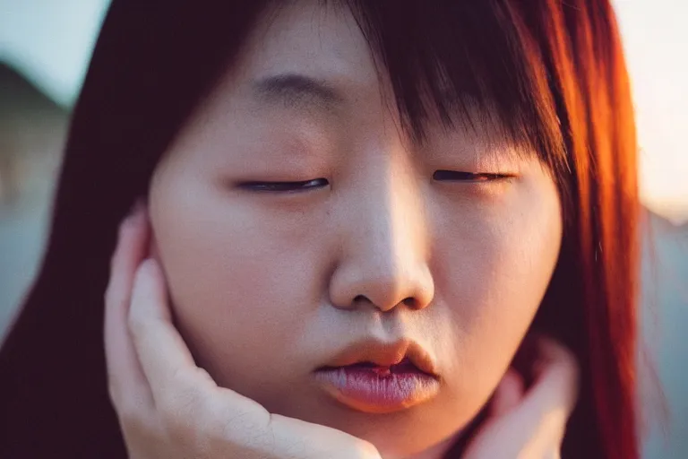 Image similar to beautiful gorgeous curvy Japanese edgy model girl with short hair, she's sad, sunset, 80mm lens, 1.2 aperture, grainy image, close up