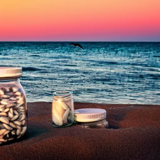 Prompt: a jar of seagulls on the beach at sunset, high resolution, Summer, artistic, award winning, masterpiece