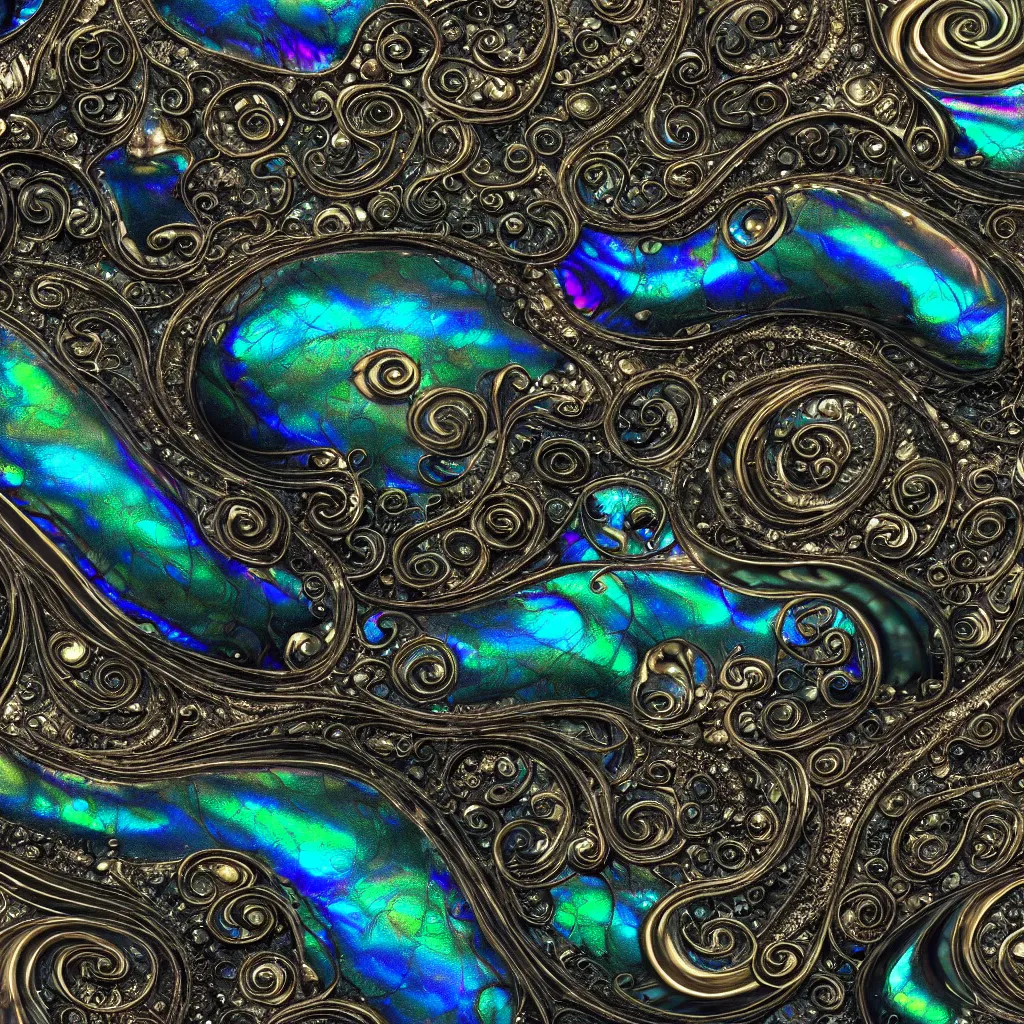 Prompt: art nouveau cresting oil slick waves, abalone, paua shell, hyperdetailed bubbles in a shiny iridescent oil slick wave, black opals, intricate bronze patina medieval ornament, rococo, organic rippling spirals, octane render, 8 k 3 d
