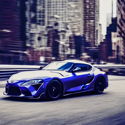 Image similar to still of a toyota supra on the road in New York, action shot, 85mm, night city, anime, cell shaded, in the spotlight