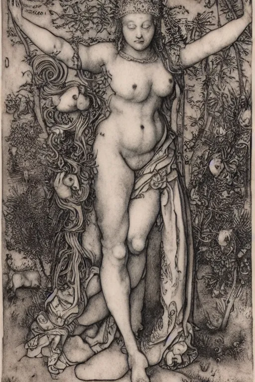 Prompt: albrecht durer, albrecht altdorfer, hans holbein, lucas cranach, gustave dore, engraving-style tattoo of regal female boddhisatva with the attributes of Diana, Athena, Guanyin, Shakti, Isthar, Deborah, and Seshat, wearing a robe, standing gracefully upon a lotus, surrounded by egrets and northern wetland flora