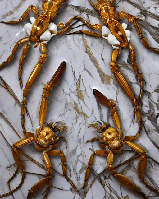 Image similar to white calacatta gold marble, white and gold kintsugi, ehite marvle bas relief carving, feminine, crabs, spiders, scorpions, tarantulas, carving by hr geiger, stunning, highly detailed, intricately detailed, octane, 8 k, trending on artstation