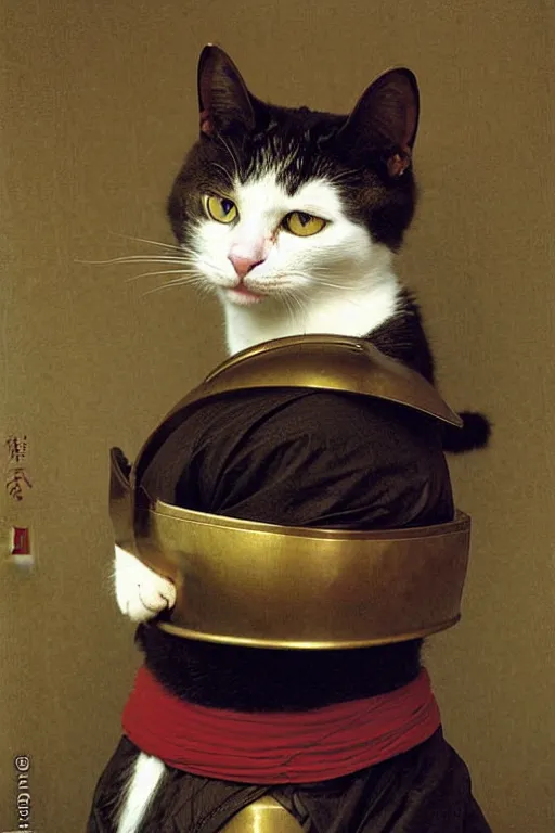 Image similar to portrait of a cat samurai, wearing samurai armor and helmet, majestic, solemn, by bouguereau