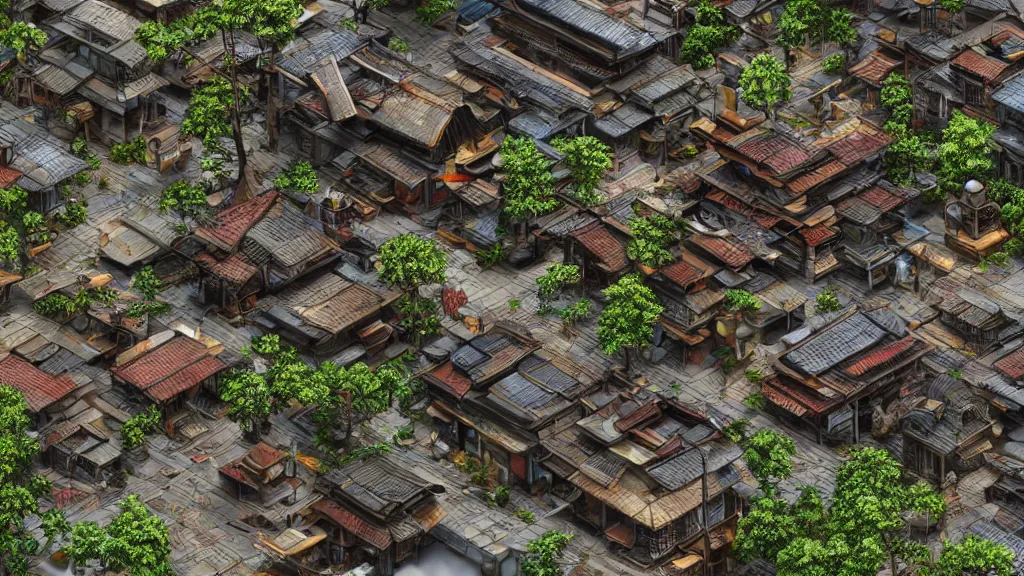 Image similar to small, quaint, oriental ancient cyberpunk japanese village in cyberpunk style,, hyperrealistic, highly detailed, 4 k hd