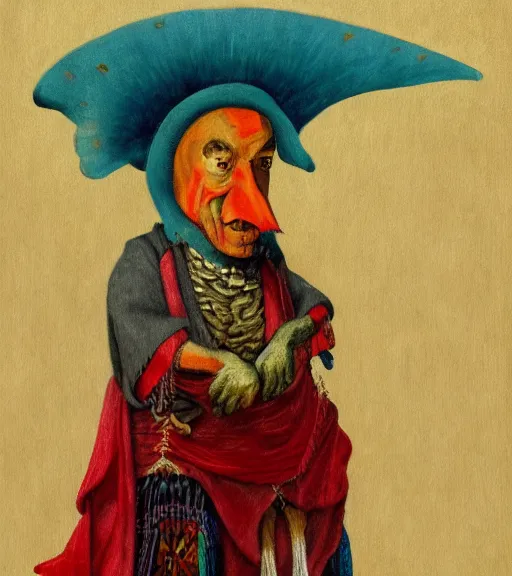 Prompt: Portrait painting in a style of Hieronim Bosch of an old shaman dressed in a colorful traditional clothes.