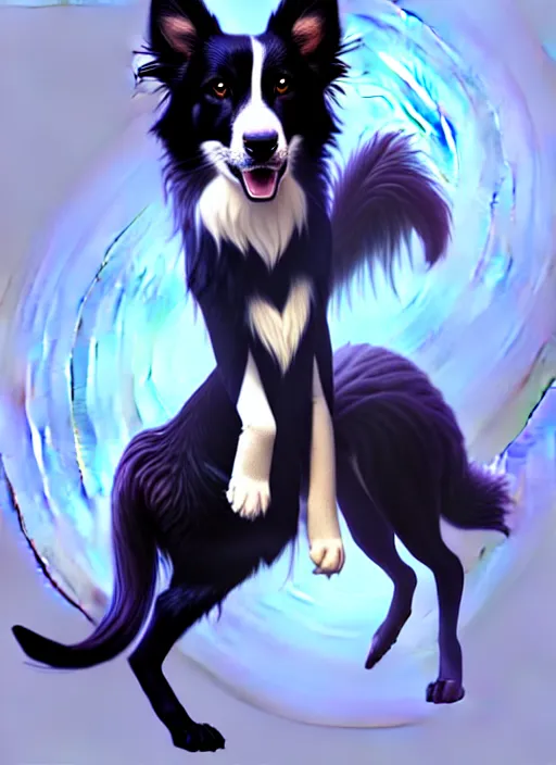 Image similar to wide angle beautiful full body portrait of a cute male anthro border collie fursona with two legs posing in front of a park, character design by charlie bowater, henry asencio, and ross tran, furry art, furaffinity, beautiful, glamor pose, detailed, aesthetic, trending on artstation