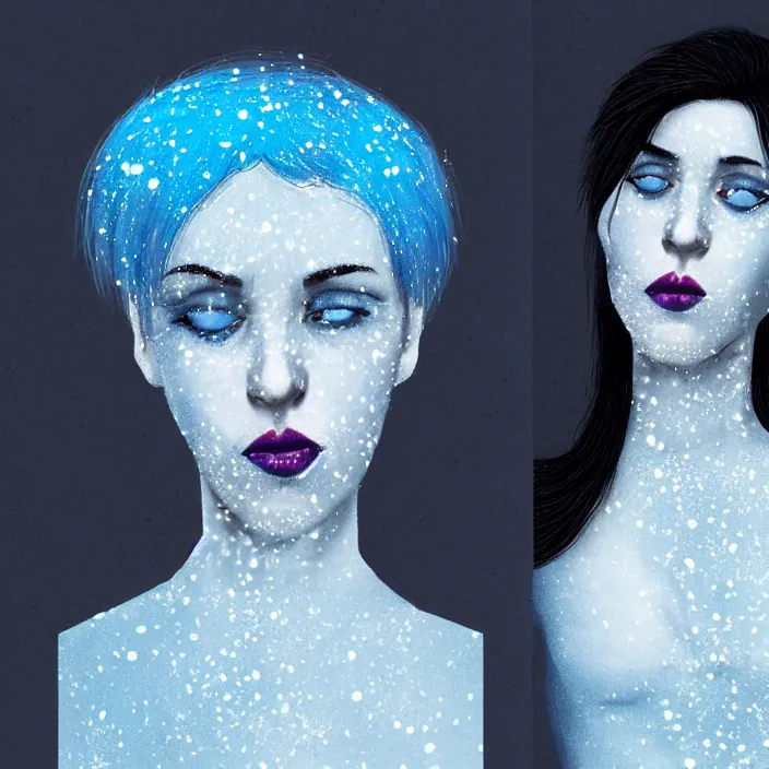 Image similar to a woman wearing a highneck dress made out of snowflakes. she is sickly looking and dying of hypothermia. very pale and blue lips. pale blue hair. full body digital portrait by maromi sagi