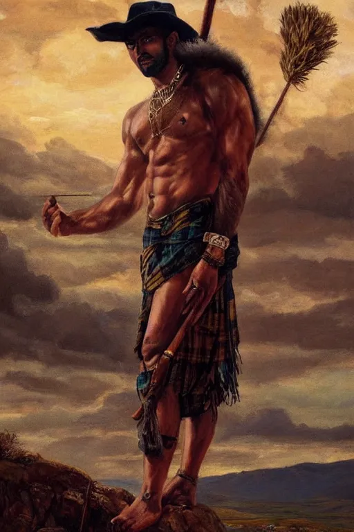 Prompt: a dramatic epic beautiful painting of a shirtless muscular desi man | he is wearing a scottish plaid kilt and cowboy hat, and holding a walking stick | background is mountains and clouds | dramatic lighting, golden hour, homoerotic | by mark maggiori and walter crane | trending on artstation