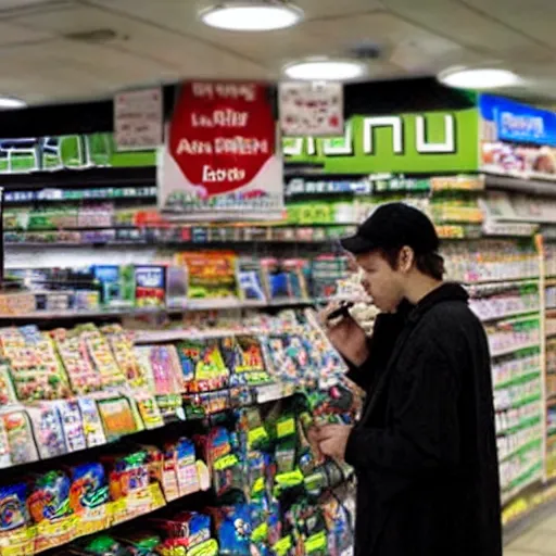 Prompt: beelzebub smoking a joint cigarette in a 7 - 1 1 store