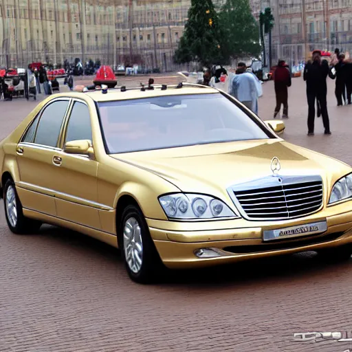 Image similar to gold Mercedes-Benz s500 long in the body 220 (w220) 2002 old year is located on the red square in Moscow