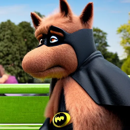 Image similar to batman and alf smoking a cigarette sitting on a green park bench, ultra realistic photo, 8 k resolution, movie escene, 3 5 mm, lens real depth