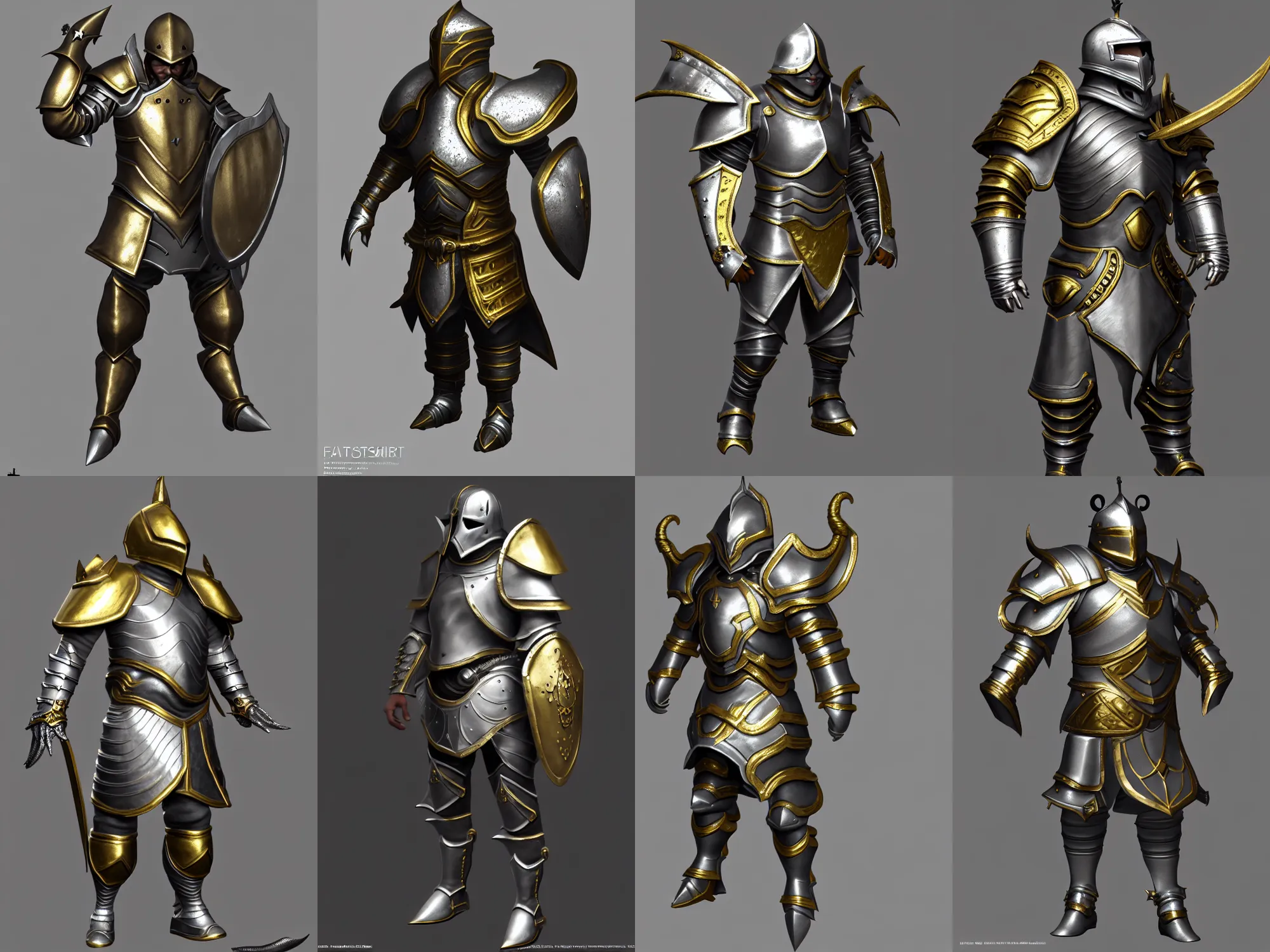 Prompt: render of heavy fantasy armor for a swashbuckler, silver with gold trim, hyperrealistic, extremely clean, flat shading, exaggerated proportions, trending on Artstation, fantasy character concept, HD Octane render