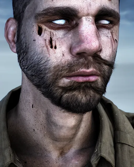 Image similar to portrait of muscular, tired and alcoholic 3 0 - year - old grieving man with short darkblonde hair, serious sad look in his eyes, looking down, dirty beard, blue eyes, crying tears, wearing dirty soldier uniform, on the desert, sad atmosphere, hyper realistic face, character art, art by mark brooks, cryengine, trending on artstation, digital art