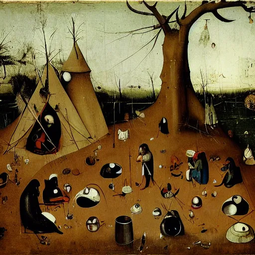 Prompt: homeless alchemist camp in the australian bush, hieronymus bosch