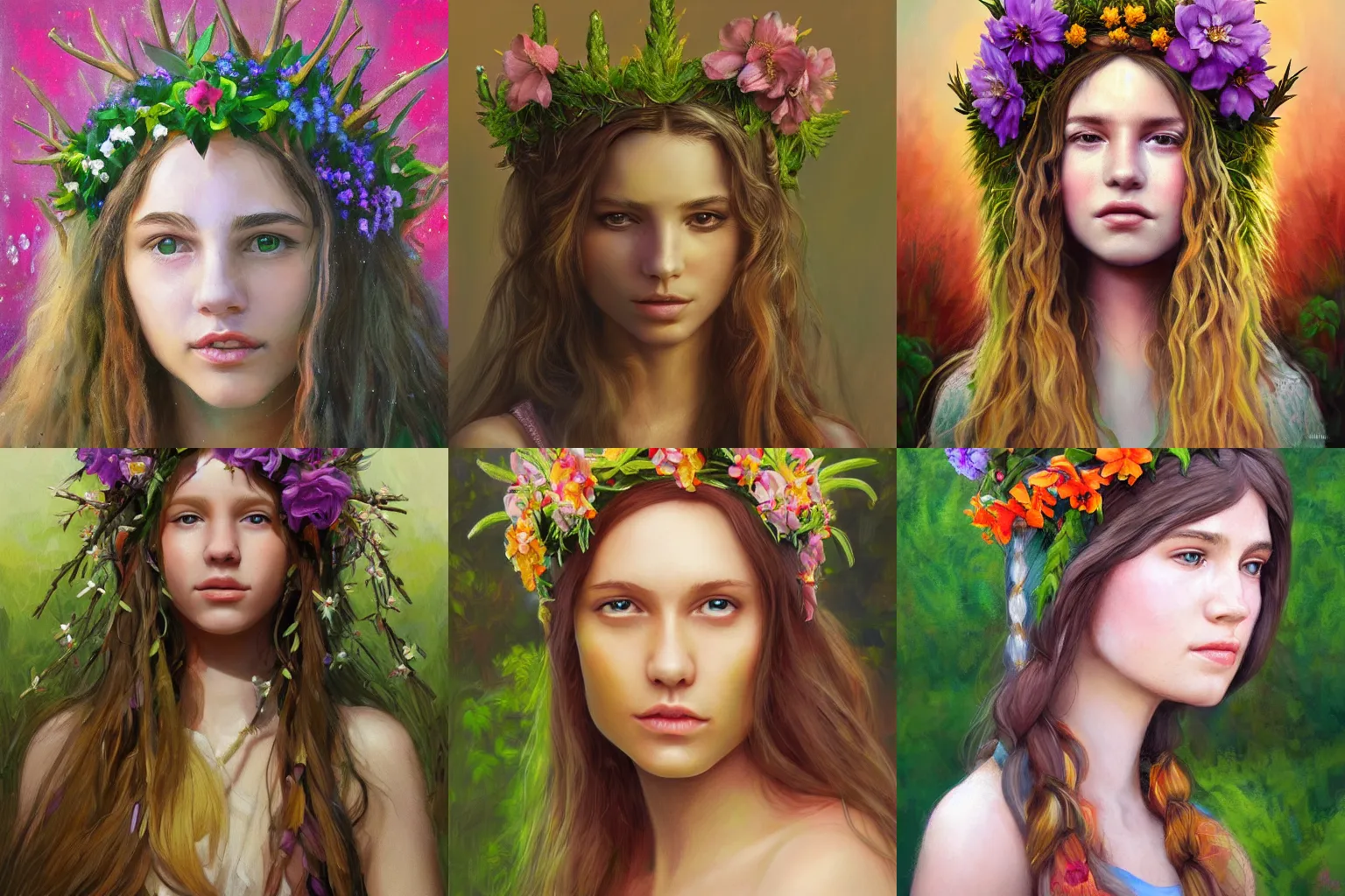 Prompt: young hippie queen in flower and thorn crown in the garden portrait painting study, extremely detailed, featured trending on artstation
