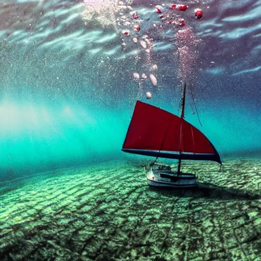 Prompt: Underwater photo of sail boat
