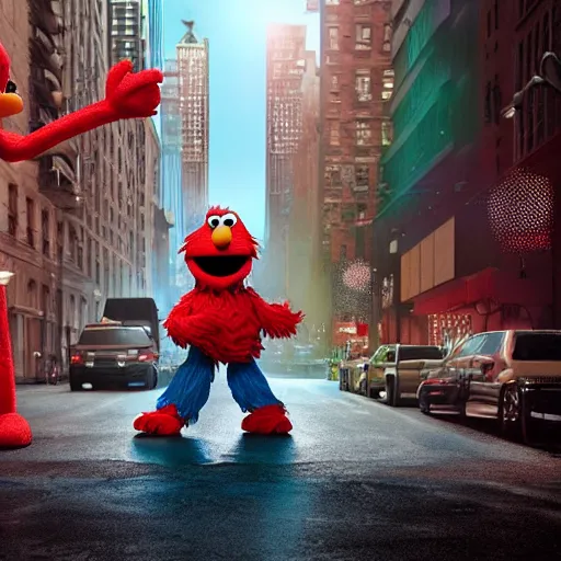 Prompt: Cinema4d 3d octane render of giant Elmo from sesame street being depicted as a 90’s rapper in New York City, highly detailed, 4K, moody lighting