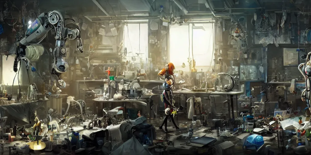 Image similar to an environmental concept art of a female scientist building a robot in a cluttered workshop, highly detailed, cinematic, dramatic lighting by francis tneh