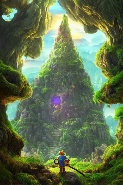 Image similar to zelda fantasy art giant golem troll wood rock greeble gemstone enchanted forest, global illumination ray tracing hdr fanart arstation by sung choi and eric pfeiffer and gabriel garza and casper konefal bastion forged hardmesh lisa frank zbrush central radiating a glowing aura global illumination ray tracing hdr