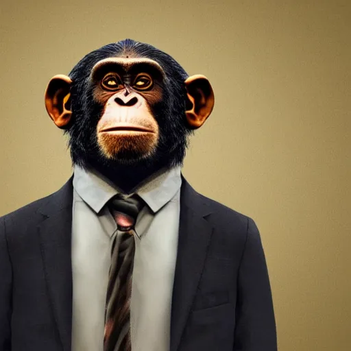 Image similar to a high detail portrait of a chimp wearing a suit 👔,and smoking🚬