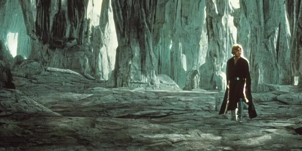 Image similar to screenshot of Luke Skywalker discovers a lost jedi Temple, 1970s sci fi film by Stanely Kubrick film, color kodak, Ektachrome, anamorphic lenses, detailed faces, hyper-realistic, photoreal, detailed portrait, moody cinematography, strange lighting