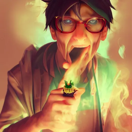 Image similar to realistic beelzebub smoking a joint in a 7 - 1 1 store, volumetric lighting, cgsociety, artstation, in the style of artgerm