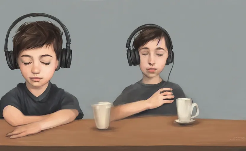 Prompt: a boy with headphones sitting on a table in a cafe with a coffee, digital art, digital painting, masterpiece, concept art, trending on deviantart, highly detailed, high quality, anatomically correct, five fingers, cinematic, high coherence, soft lighting, soft colors, beautiful, elegant, short black hair, 4 k, symmetrical, realistic and detailed face, cartoon