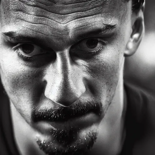 Prompt: zlatan ibrahimovic finally realizing that he is not the best footballer in the world. close up portrait by mark mann