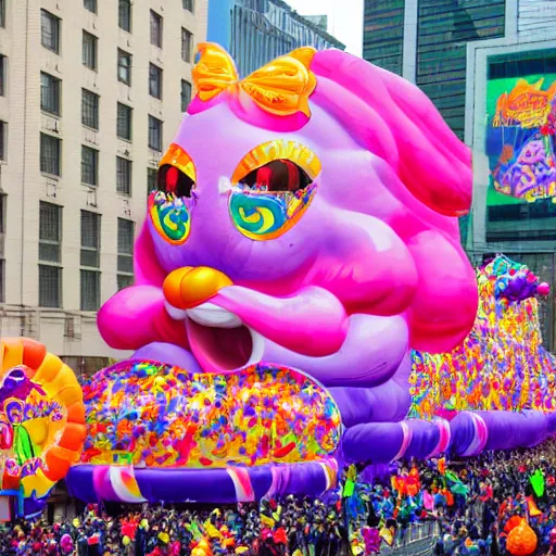 Image similar to photo of giant lisa frank inspired parade float in the macys thanksgiving parade, detailed 4 k photo